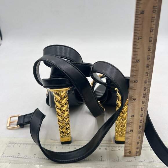 FSJ Black Chain Gold Metal Chain Chunky High Heels Ankle Strap Open Toe Sandals - Picture 5 of 8